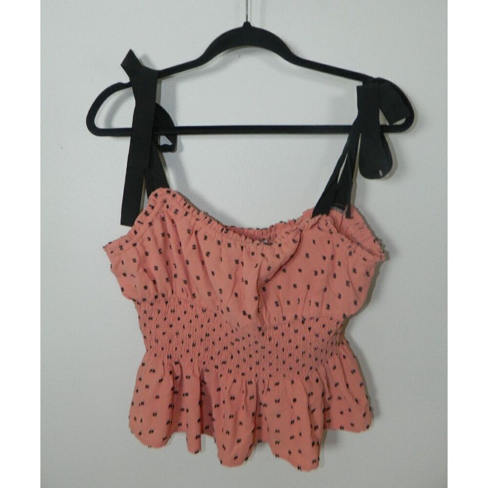 Unique Vintage Top Blouse Medium 6/8 Orange Black‎ Polka Dots Shoulder Tie